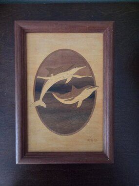 Hudson River Inlay Framed Dolphin Marquetry Wood Inlay signed by Jeff Nelson